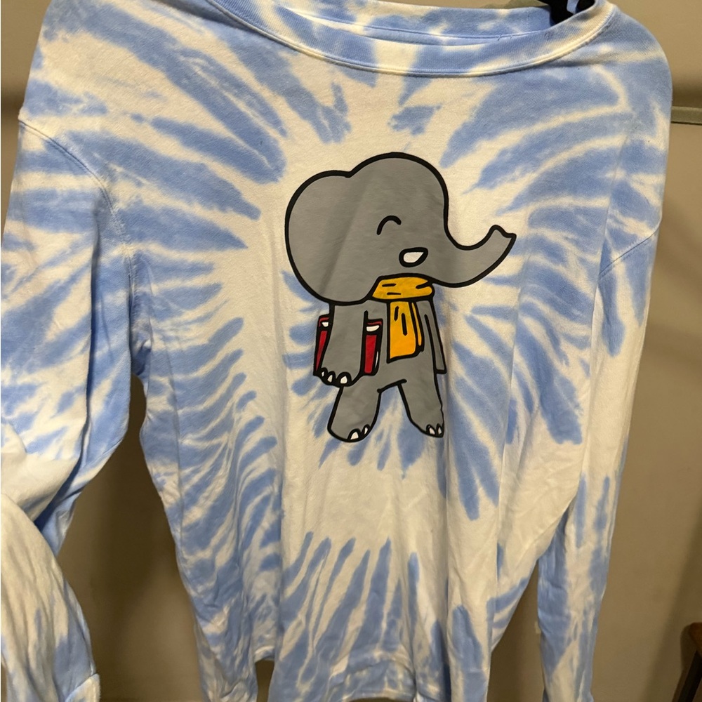 Ivory Ella Long Sleeve Tie-Dye Tee with Elephant Graphic - Blue & White